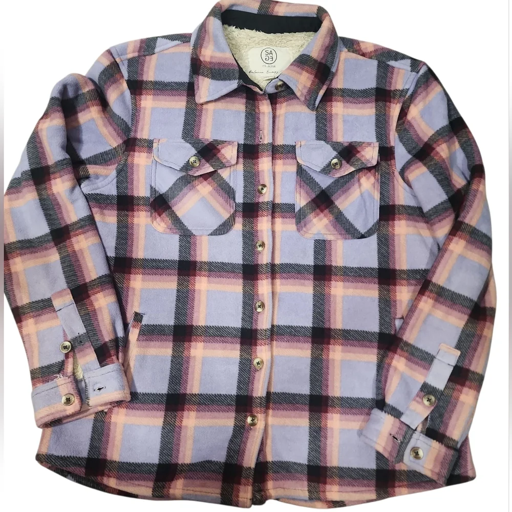 Sage Ladie's Plush Plaid Shirt Jacket In Purple. M - Picture 8 of 14
